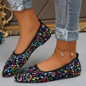 Rainbow Multicolor Sequin Pointed Toe Flat Shoes Size 8
